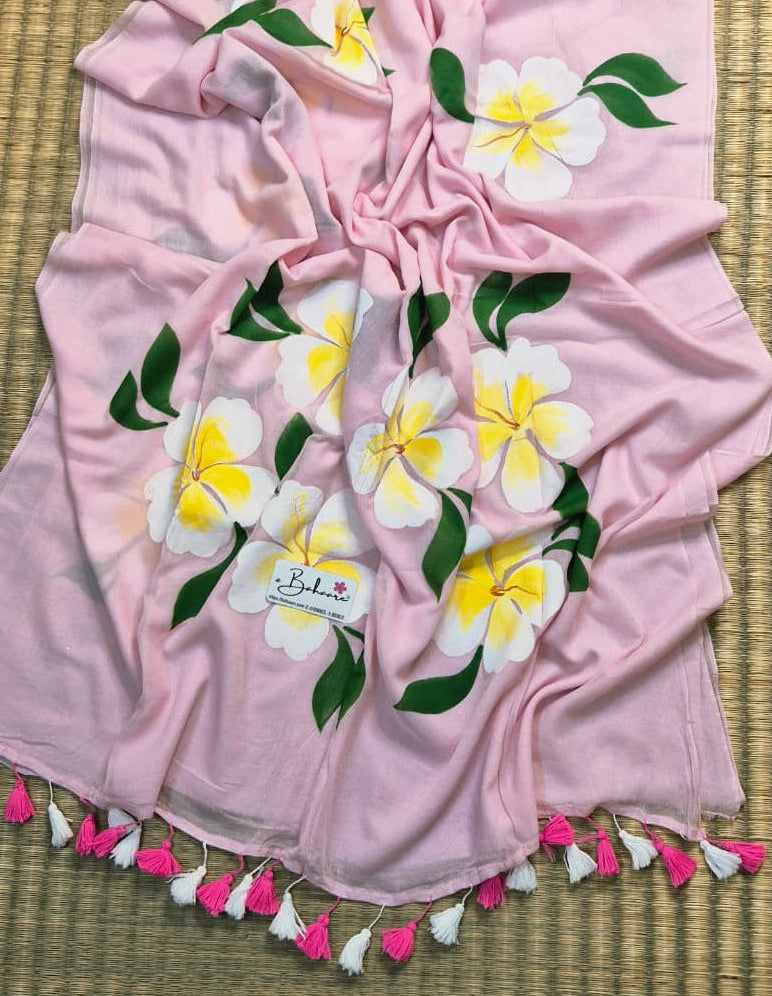 Exotic Hibiscus | Pink Mul Mul Cotton Saree