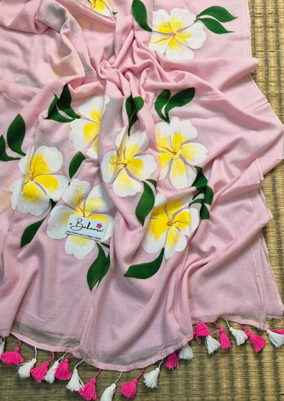 Exotic Hibiscus | Pink Mul Mul Cotton Saree
