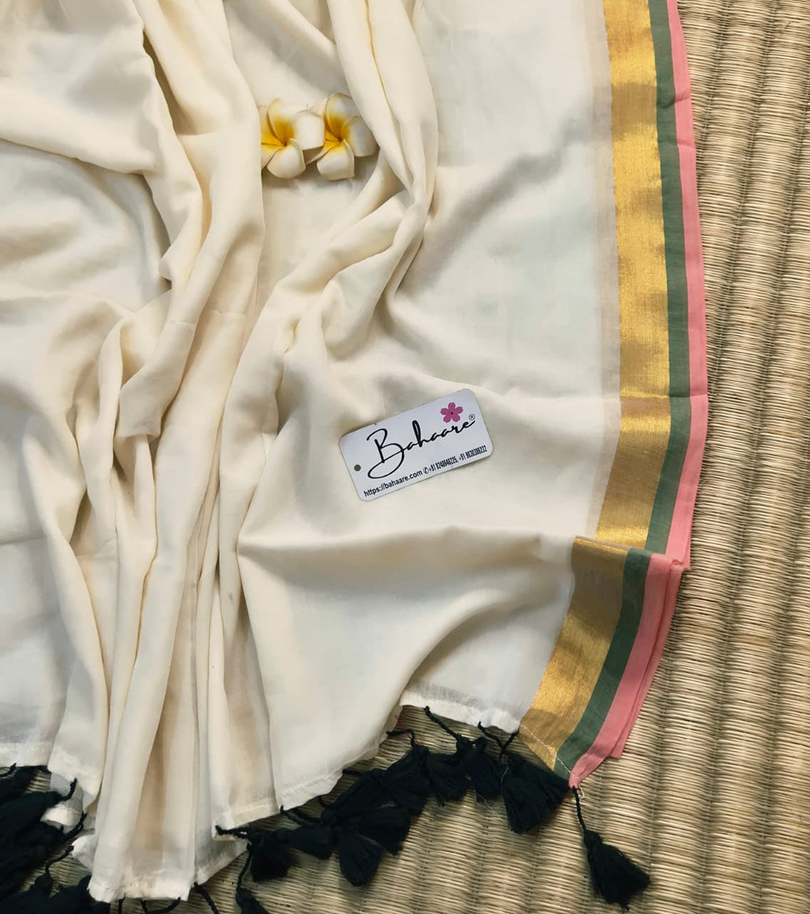 Noor | Soft Beige Mul Mul Cotton Saree with Golden Zari Border