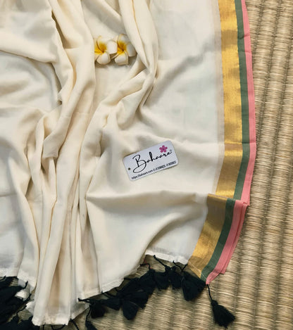 Noor | Soft Beige Mul Mul Cotton Saree with Golden Zari Border