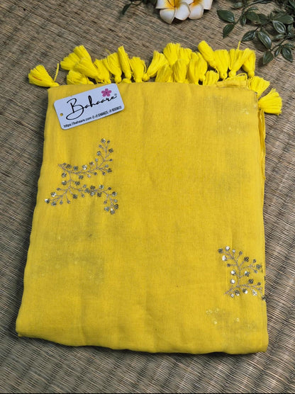 Shimmering Starlight | Sunshine Yellow Mul Mul Cotton Saree with Sequin Zari Embroidery Work