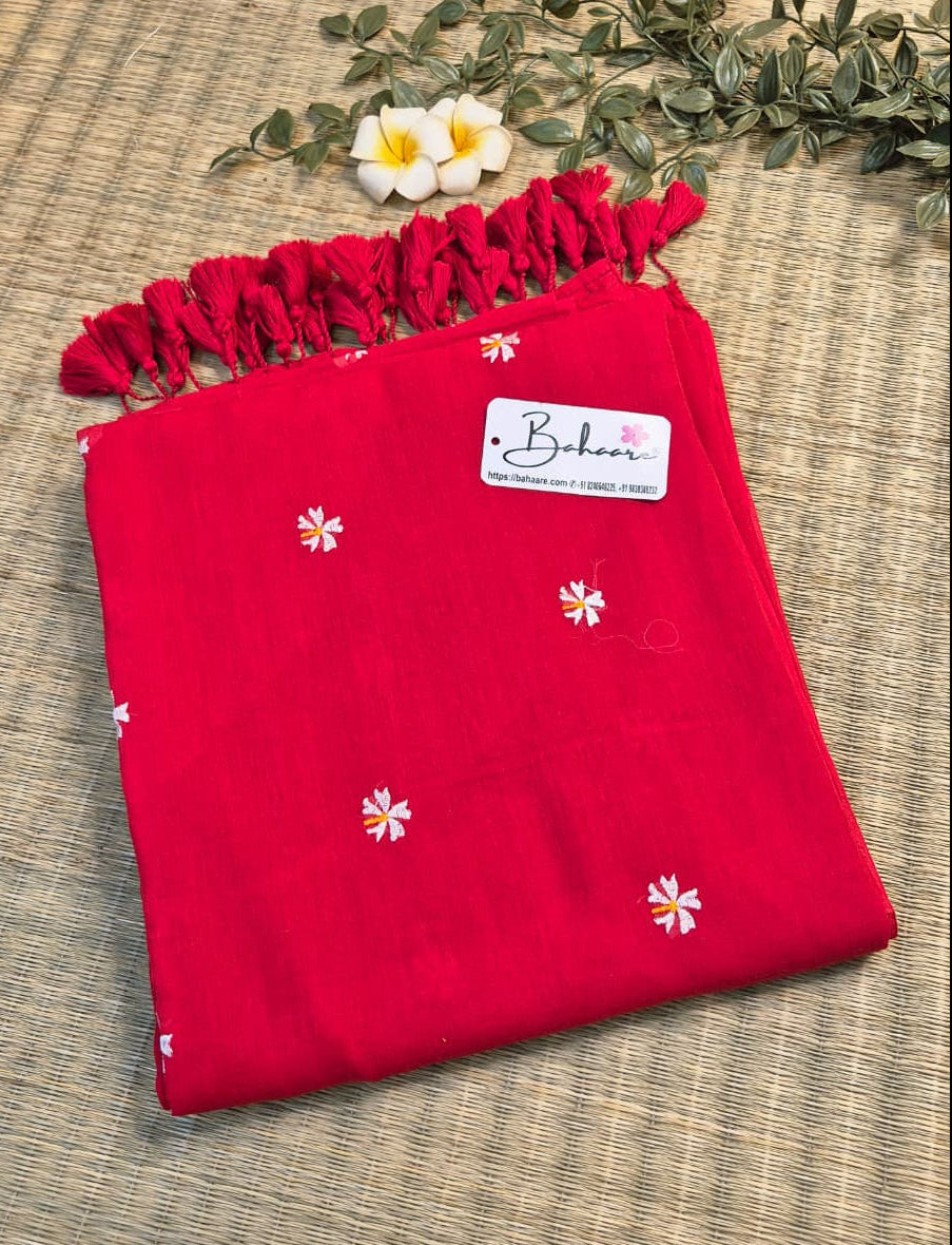 Parijat | Red Mul Mul Cotton Saree