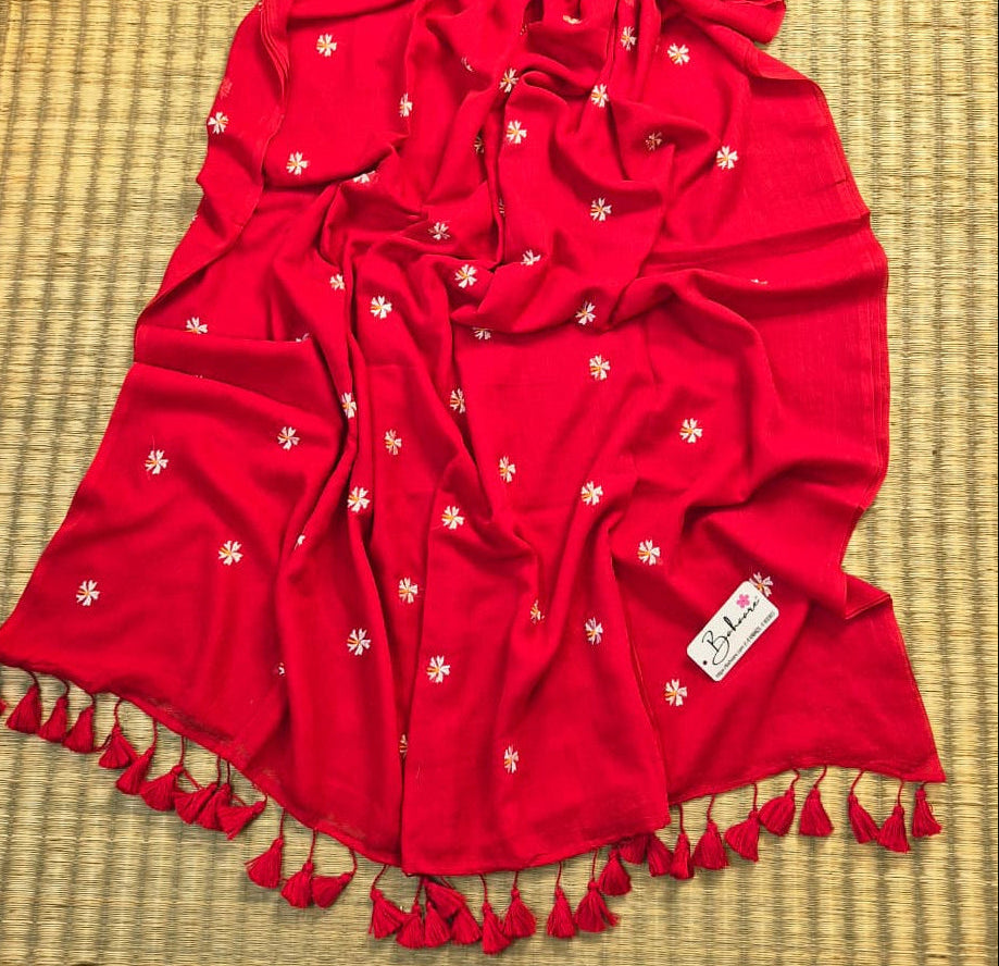 Parijat | Red Mul Mul Cotton Saree