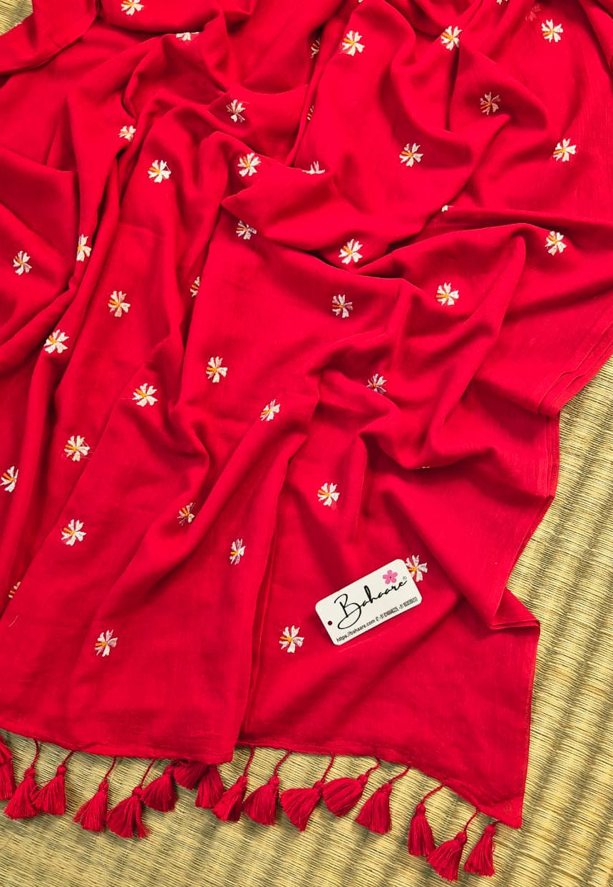 Parijat | Red Mul Mul Cotton Saree