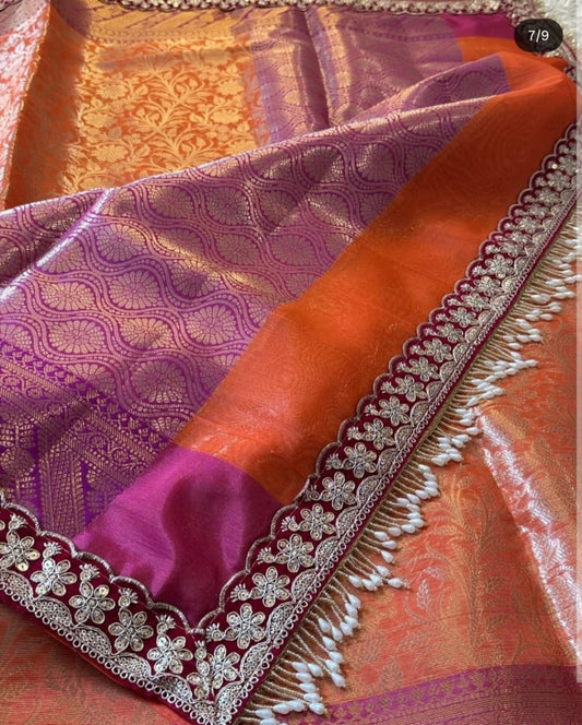 Utsav | Coral Orange Benarasi Tissue Silk Saree with Beautiful Lace Work