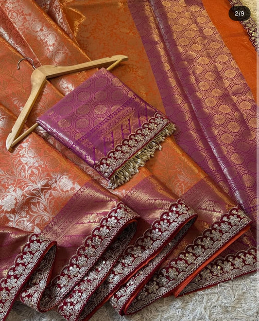 Utsav | Coral Orange Benarasi Tissue Silk Saree with Beautiful Lace Work