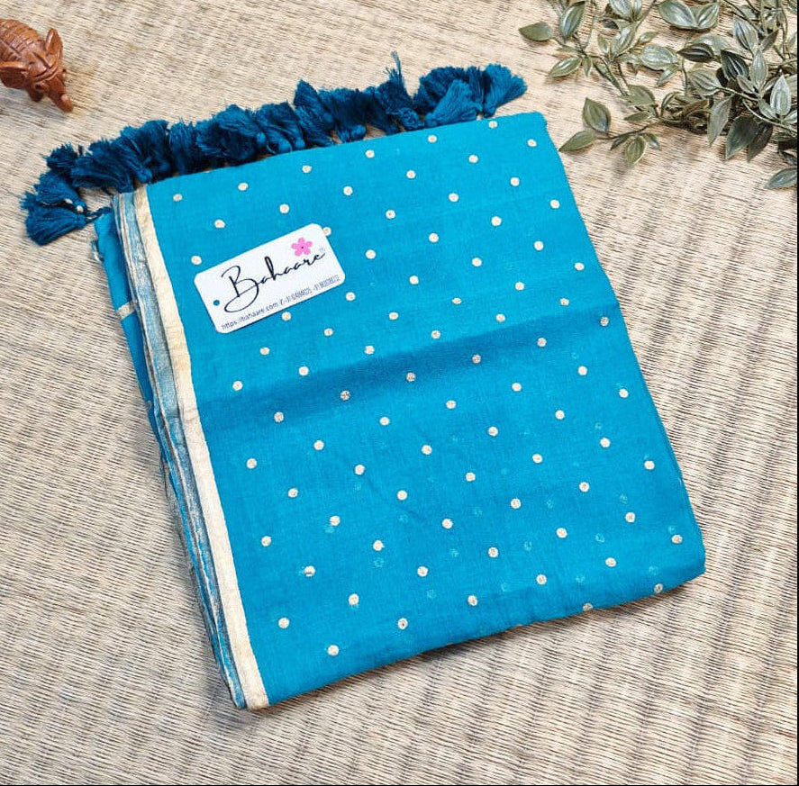 Polka Passion | Mor Blue Mul Mul Cotton Saree with Golden Polka Dots