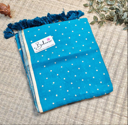 Polka Passion | Mor Blue Mul Mul Cotton Saree with Golden Polka Dots