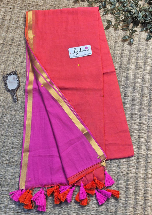 Shimmering Starlight | Orange and Pink Mul Mul Cotton Saree with Golden Zari Border