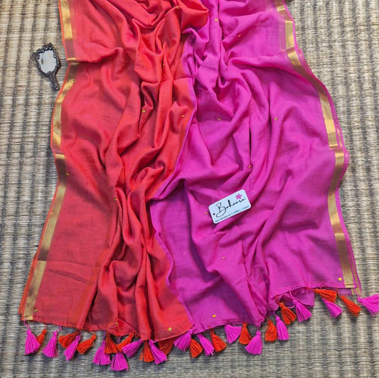 Shimmering Starlight | Orange and Pink Mul Mul Cotton Saree with Golden Zari Border