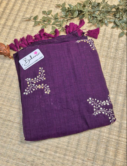 Shimmering Starlight | Deep Purple Mul Mul Cotton Saree with Sequin Zari Embroidery Work