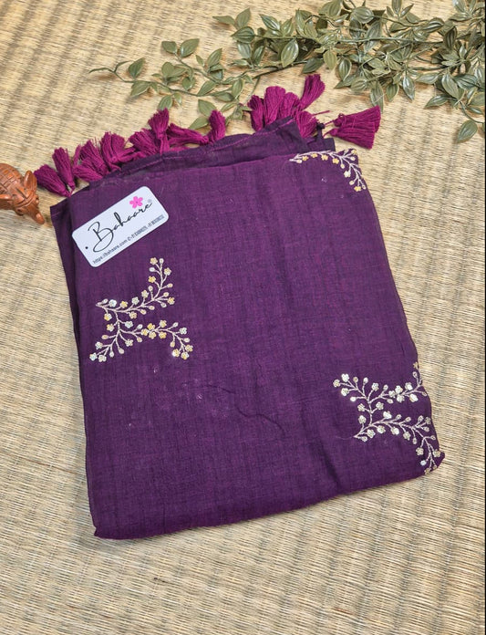 Shimmering Starlight | Deep Purple Mul Mul Cotton Saree with Sequin Zari Embroidery Work