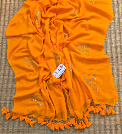 Shimmering Starlight | Mango Orange Mul Mul Cotton Saree with Sequin Zari Embroidery Work