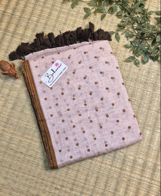 Polka Passion | Cinnamon Dust Half and Half Mul Mul Cotton Saree with Polka Dots