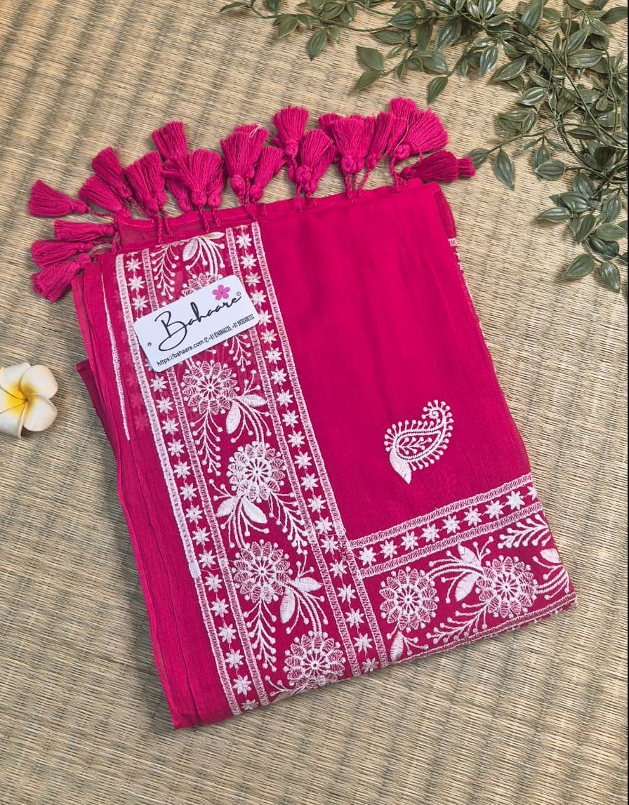 Mohini | Meher Rani Pink Mul Mul Cotton Saree with Chikankari Embroidery