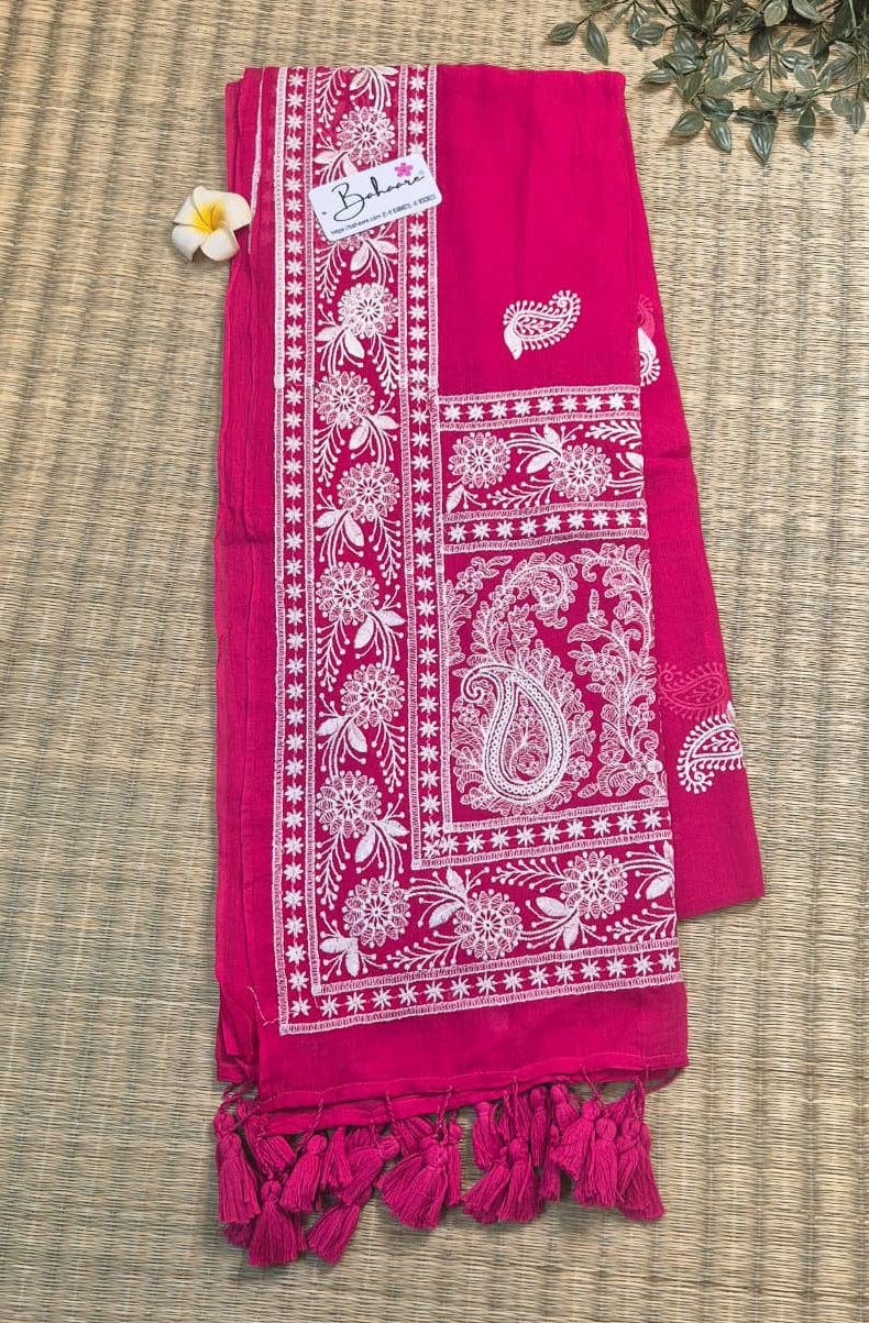Mohini | Meher Rani Pink Mul Mul Cotton Saree with Chikankari Embroidery