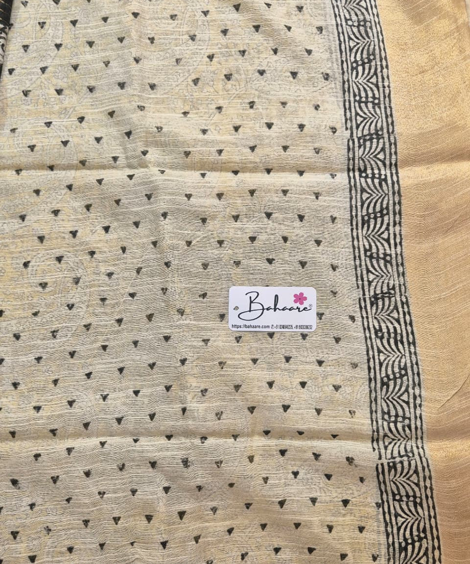 Woodland Whispers | Mustard Yellow Natural Dyed Dabu Block Print Linen Cotton Saree