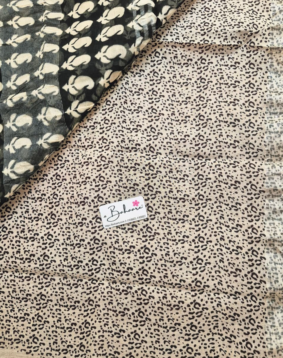 Woodland Whispers | Dark Black Natural Dyed Dabu Block Print Linen Cotton Saree
