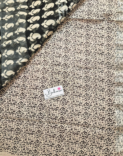 Woodland Whispers | Dark Black Natural Dyed Dabu Block Print Linen Cotton Saree