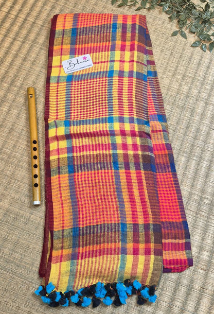 Woodland Whispers | Yellow and Maroon Multicoloured Check Jayshree Linen Saree