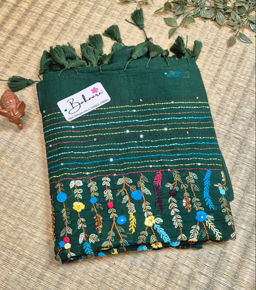 Mohini | Emerald Green Mul Mul Cotton Saree with Handcrafted Bullion Stich