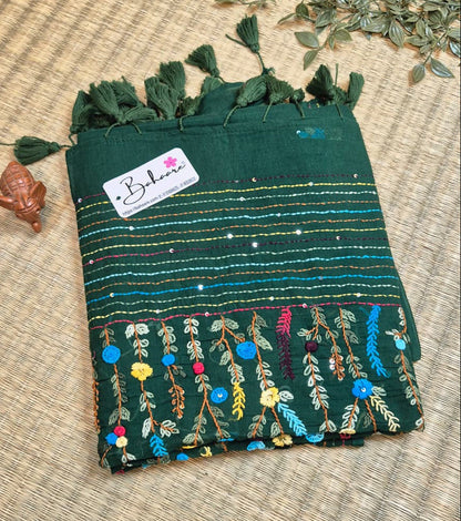 Mohini | Emerald Green Mul Mul Cotton Saree with Handcrafted Bullion Stich