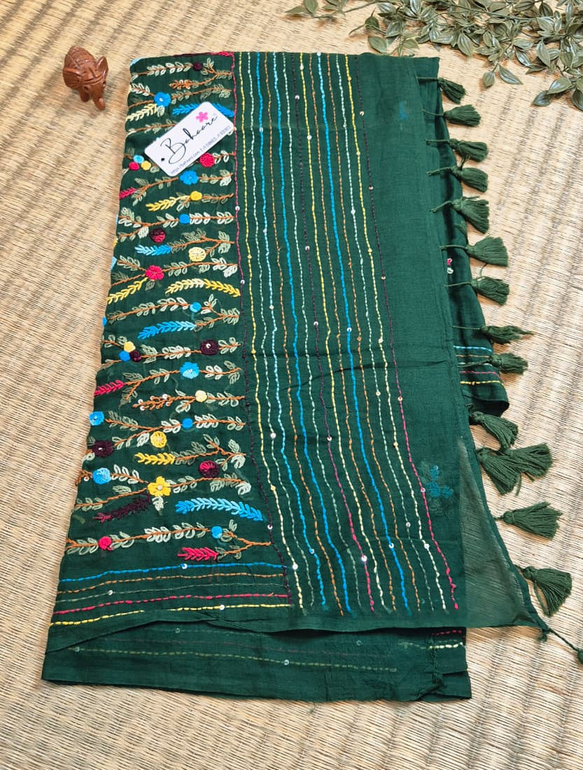 Mohini | Emerald Green Mul Mul Cotton Saree with Handcrafted Bullion Stich