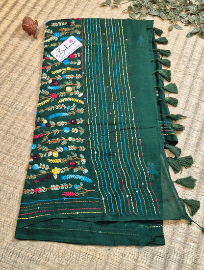 Mohini | Emerald Green Mul Mul Cotton Saree with Handcrafted Bullion Stich