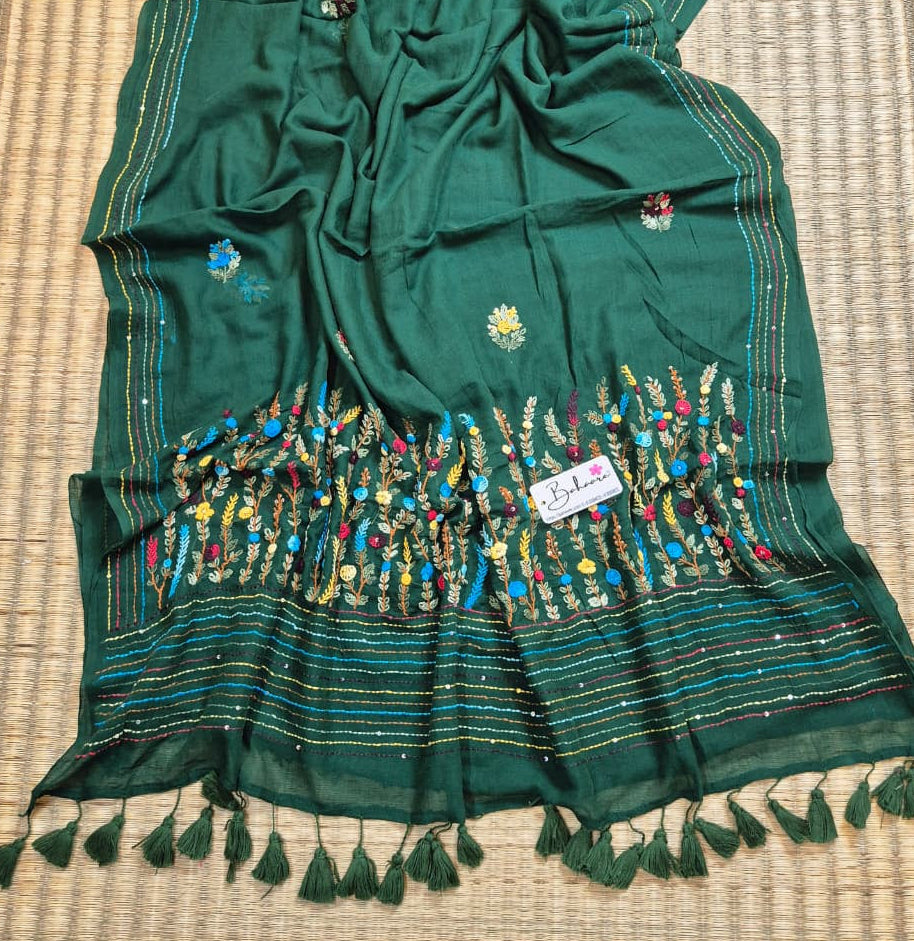 Mohini | Emerald Green Mul Mul Cotton Saree with Handcrafted Bullion Stich
