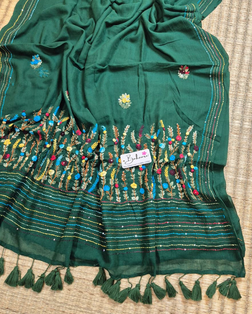 Mohini | Emerald Green Mul Mul Cotton Saree with Handcrafted Bullion Stich
