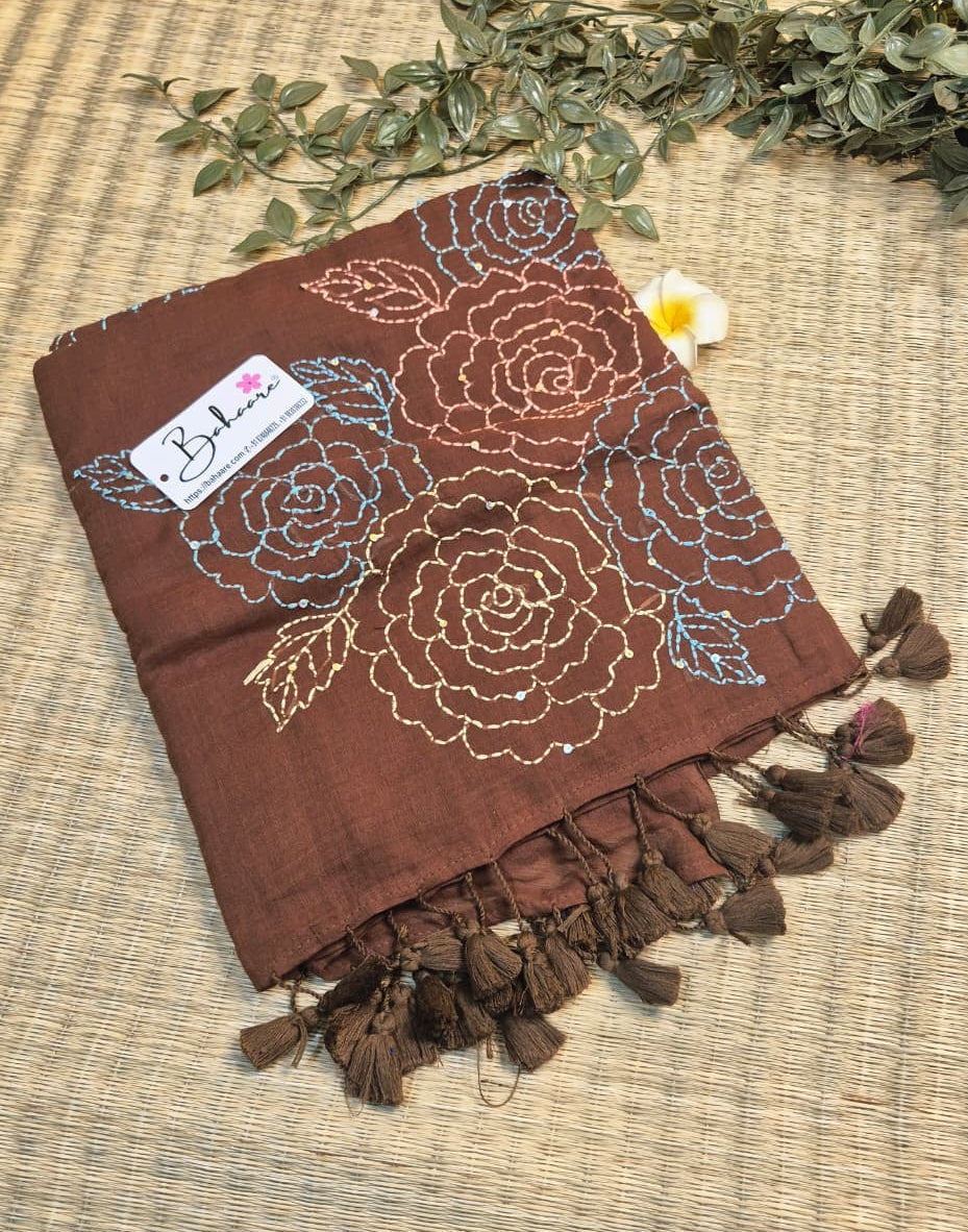 Mohini | Coco Brown Mul Mul Cotton Saree with Kantha Hand Embroidery