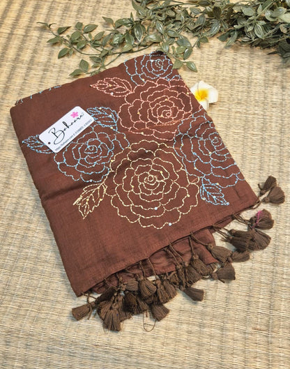 Mohini | Coco Brown Mul Mul Cotton Saree with Kantha Hand Embroidery