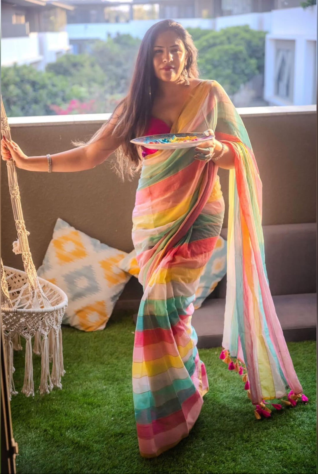 Mohini | Multicoloured Mul Mul Cotton Saree with Golden Tissue Border