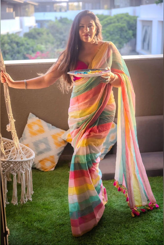 Mohini | Multicoloured Mul Mul Cotton Saree with Golden Tissue Border