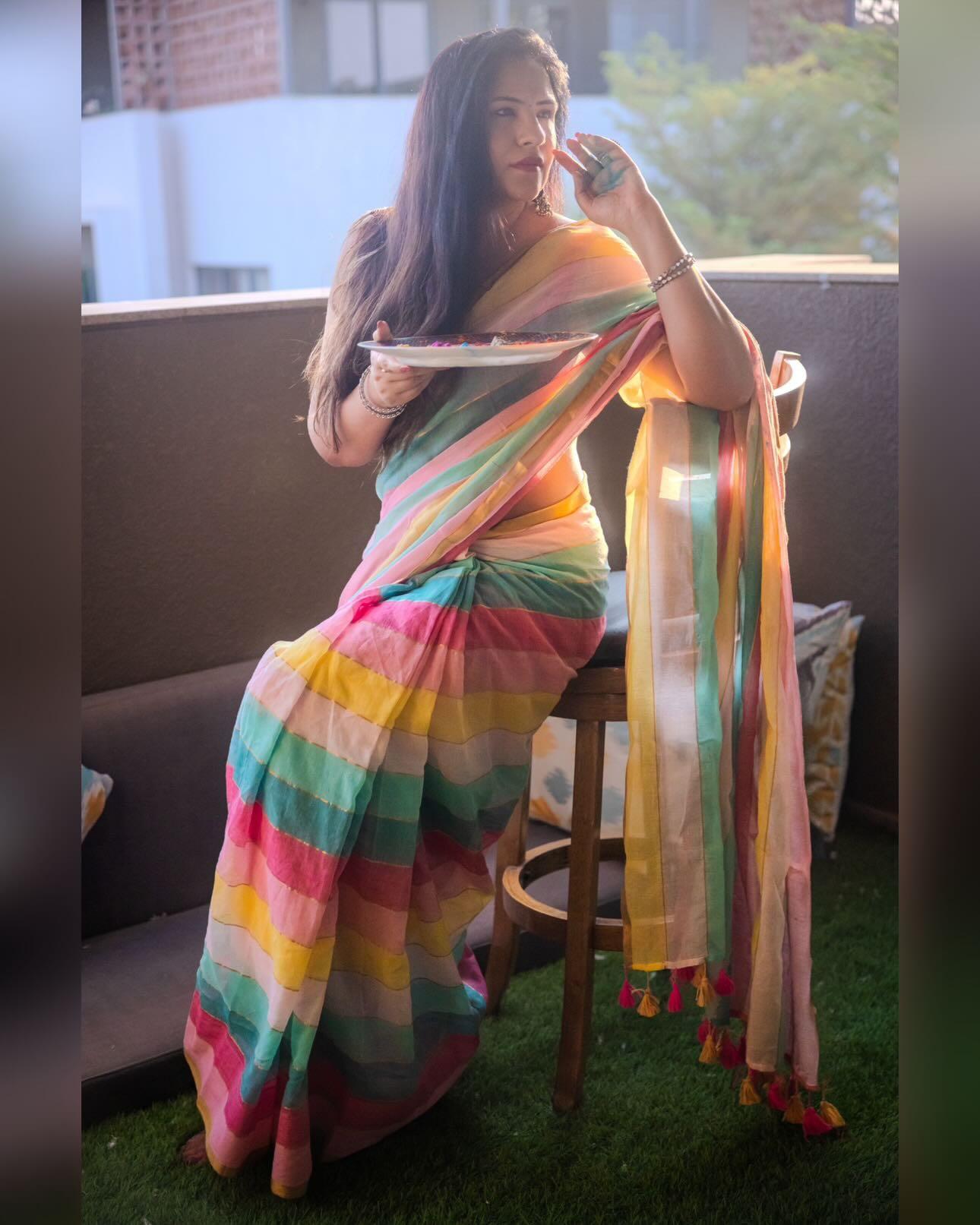 Mohini | Multicoloured Mul Mul Cotton Saree with Golden Tissue Border