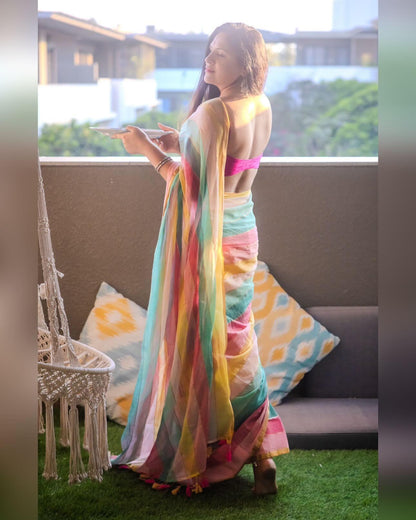 Mohini | Multicoloured Mul Mul Cotton Saree with Golden Tissue Border