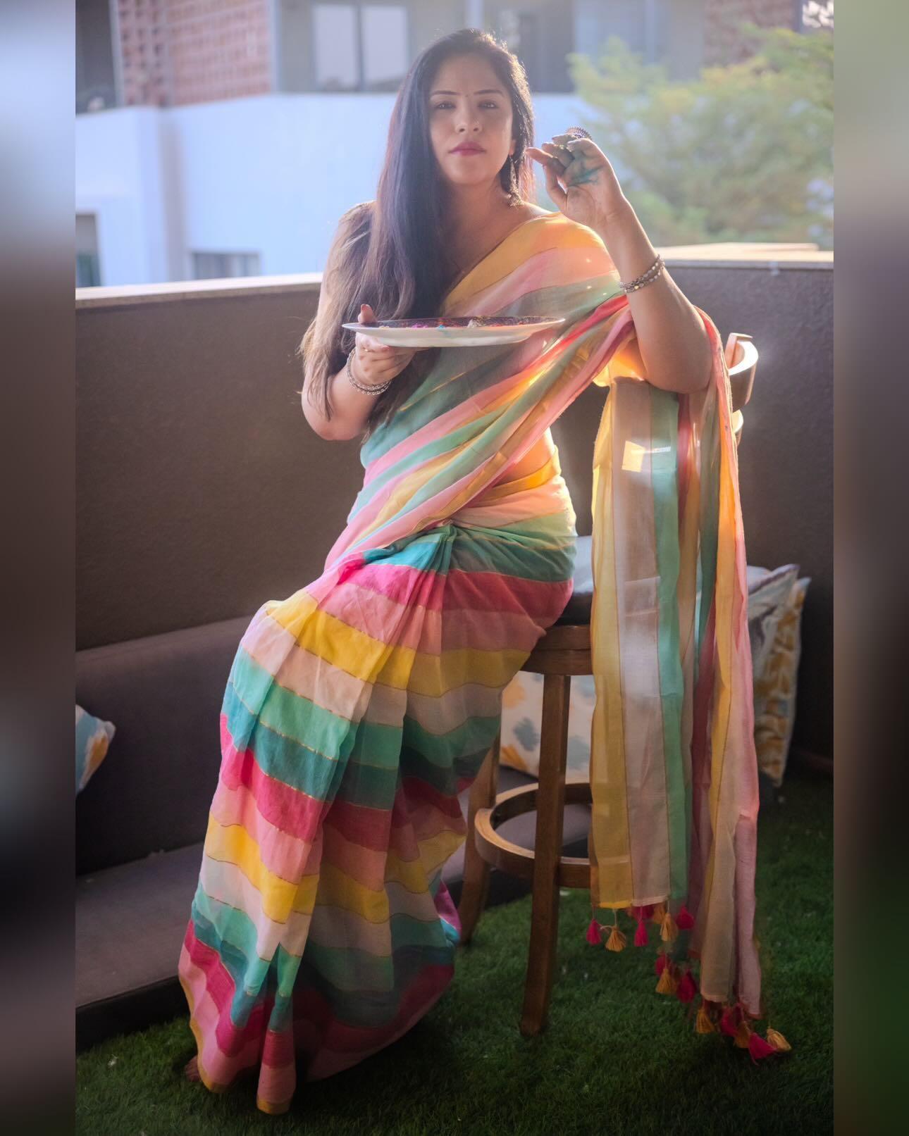 Mohini | Multicoloured Mul Mul Cotton Saree with Golden Tissue Border