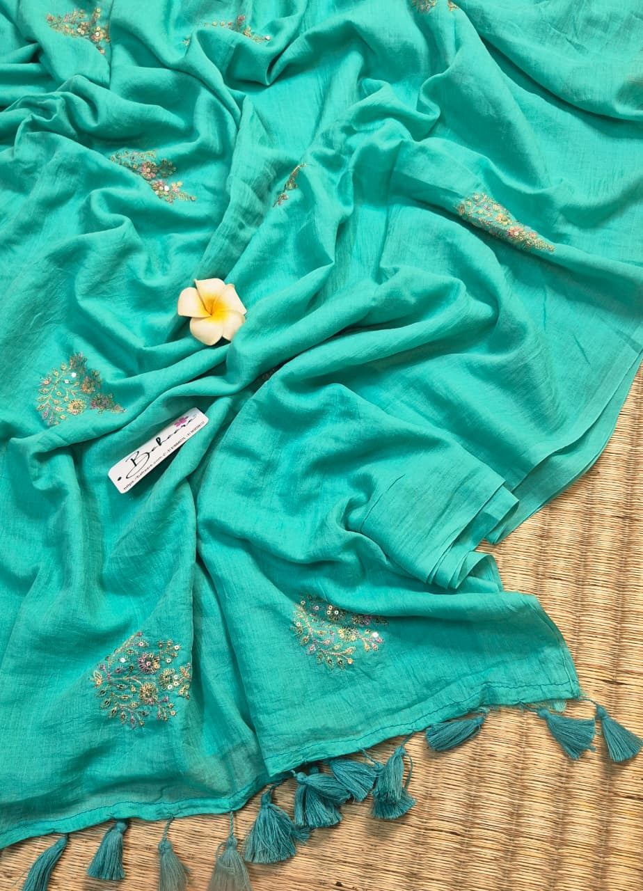 Shimmering Starlight | Aquamarine Mul Mul Cotton Saree with Sequin Zari Embroidery Work