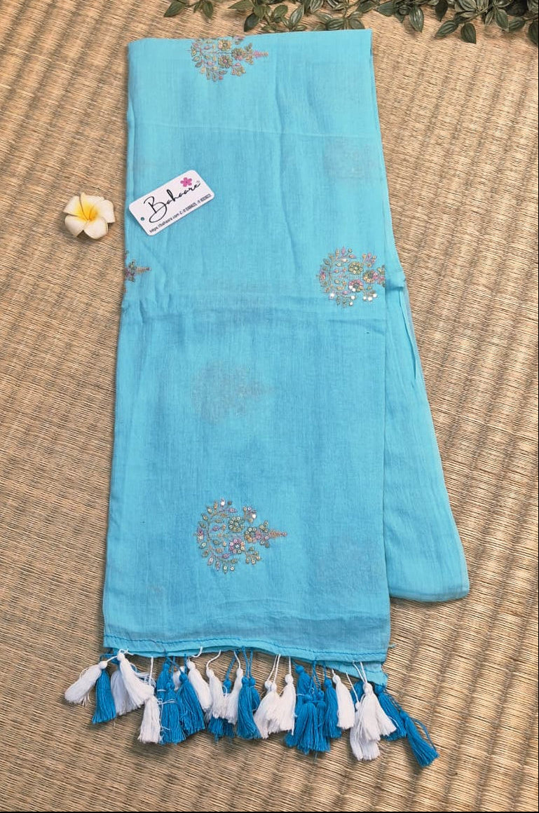 Shimmering Starlight | Light Sky Blue Mul Mul Cotton Saree with Sequin Zari Embroidery Work