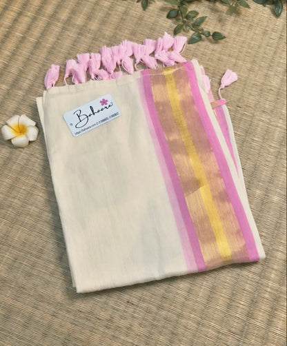 Mohini | Off White and Pink Mul Mul Cotton Saree