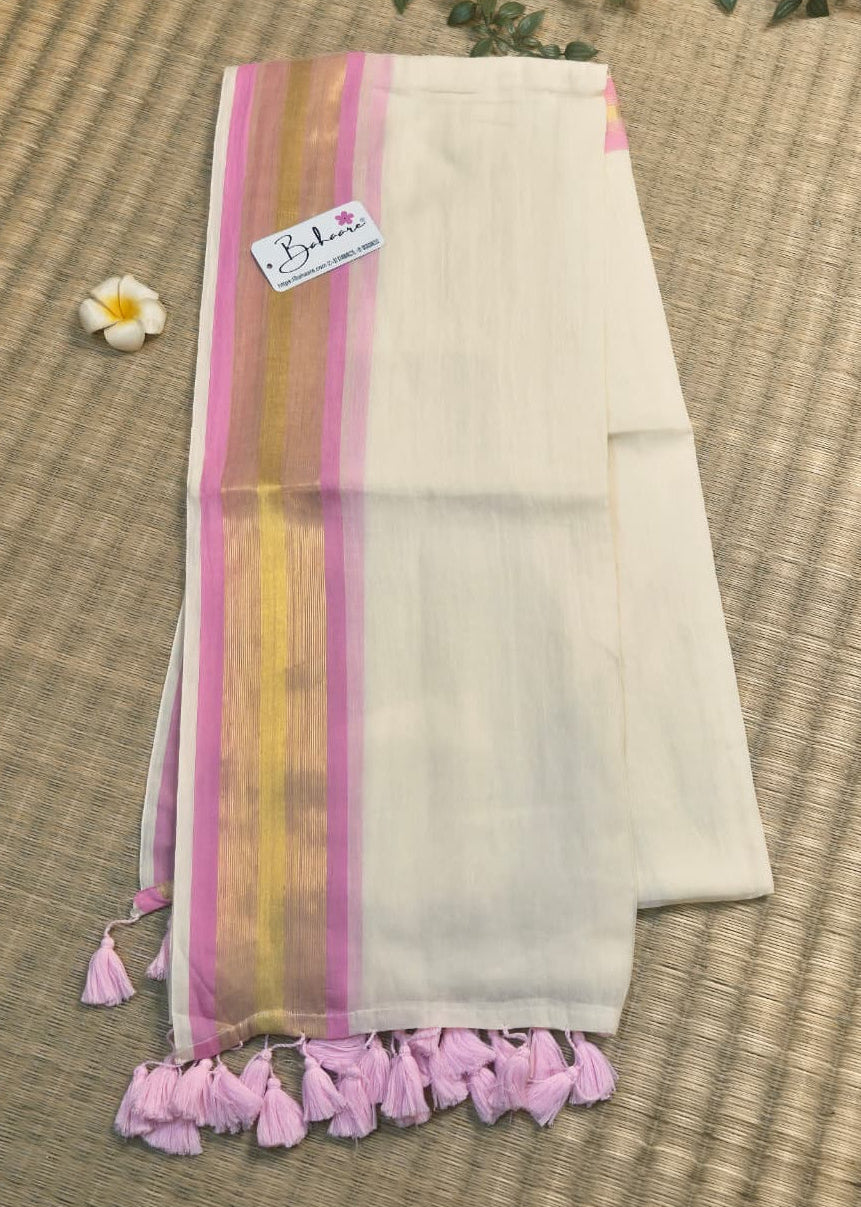 Mohini | Off White and Pink Mul Mul Cotton Saree