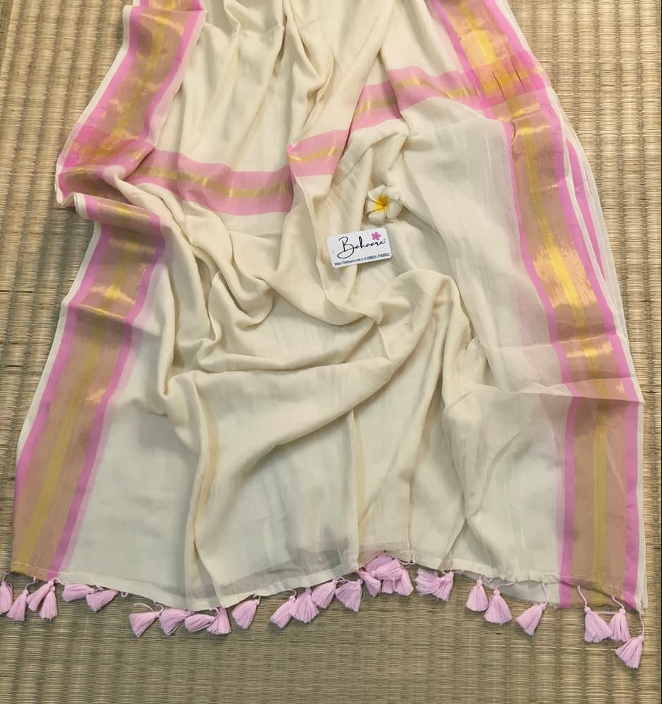 Mohini | Off White and Pink Mul Mul Cotton Saree