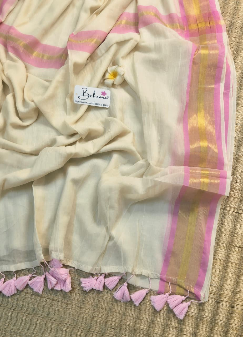 Mohini | Off White and Pink Mul Mul Cotton Saree