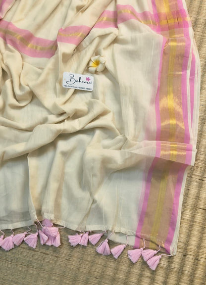 Mohini | Off White and Pink Mul Mul Cotton Saree