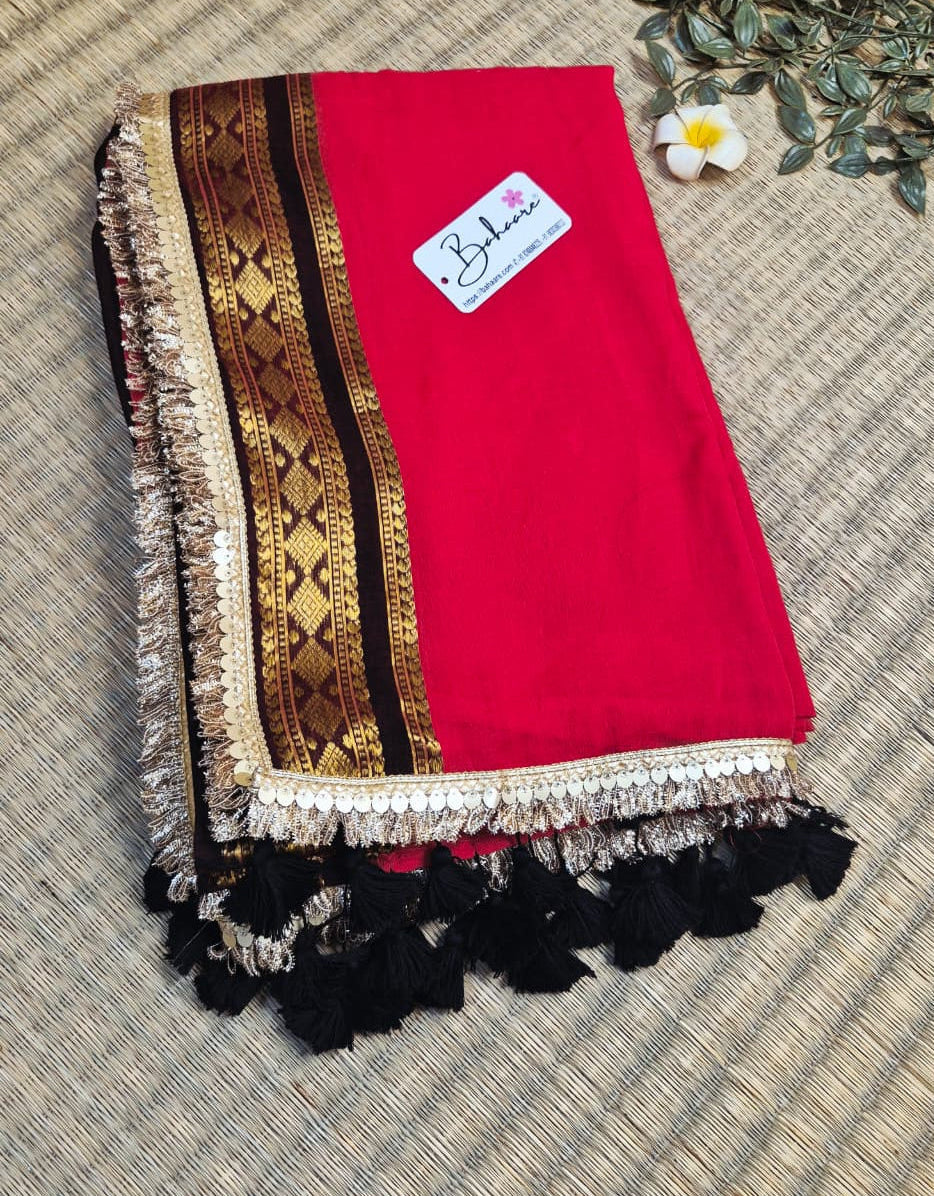 Shimmering Starlight | Vermilion Red Mul Mul Cotton Saree with Handwork Zari Lace