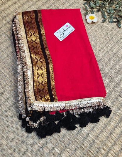 Shimmering Starlight | Vermilion Red Mul Mul Cotton Saree with Handwork Zari Lace