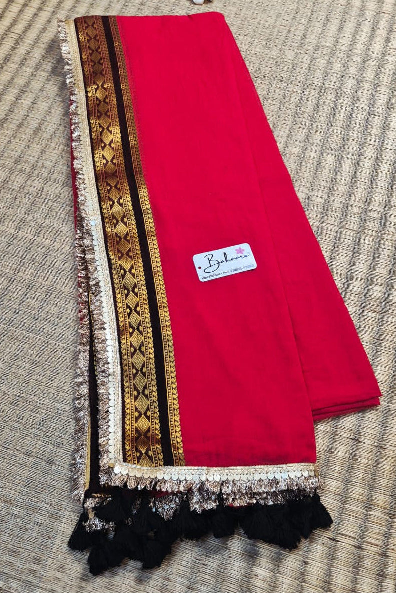 Shimmering Starlight | Vermilion Red Mul Mul Cotton Saree with Handwork Zari Lace