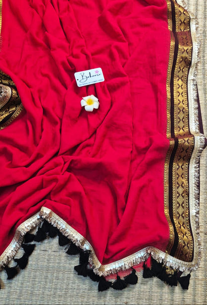 Shimmering Starlight | Vermilion Red Mul Mul Cotton Saree with Handwork Zari Lace