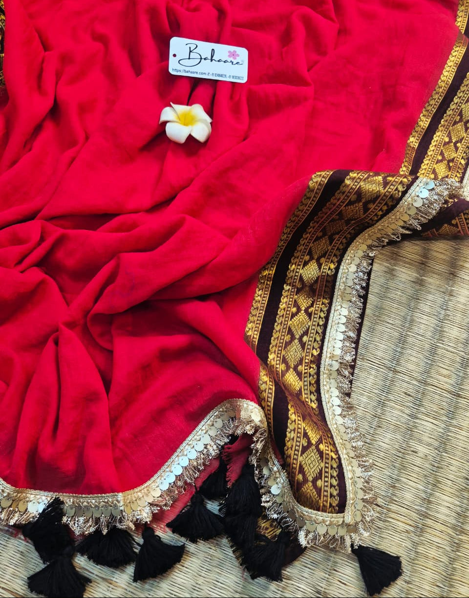 Shimmering Starlight | Vermilion Red Mul Mul Cotton Saree with Handwork Zari Lace
