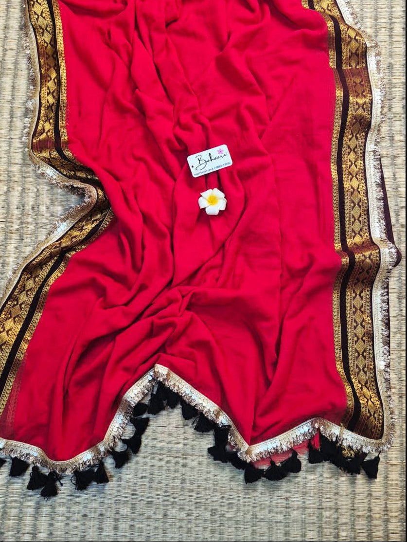 Shimmering Starlight | Vermilion Red Mul Mul Cotton Saree with Handwork Zari Lace